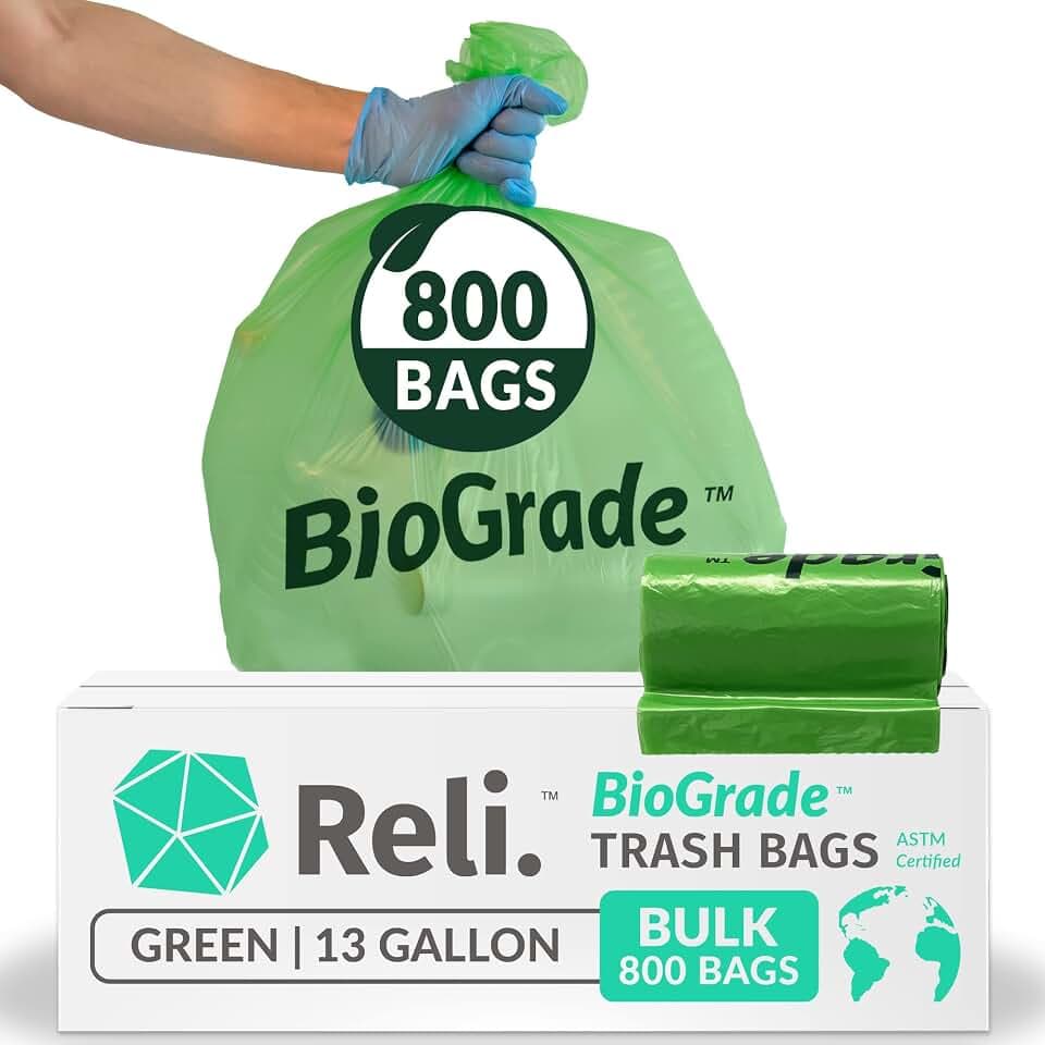 Reli. Biodegradable 13 Gallon Trash Bags | 800 Count Bulk | Green