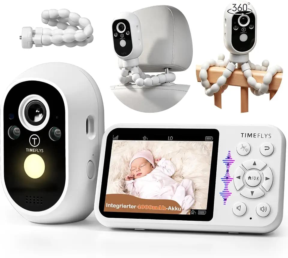 Babyphone mit Kamera, 4.3 Zoll/1080p Infrarot-Nachtsicht, 2 Wege Kommunikation, 4000mAh Akku, 2 Audiokanäle, 2-fach-Zoom, ECO+IPS+Vox-Alarm, 8 Schlaflieder, 4-Klauen-Halterung, 400m FHSS Übertragung