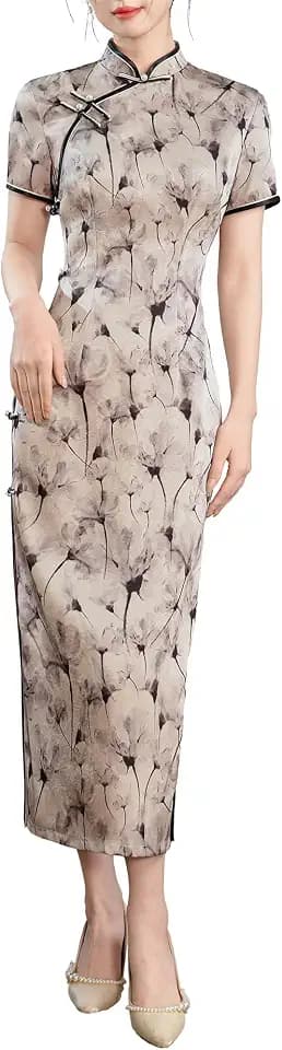 Women’s Elegant Short-Sleeve Silk-Like Qipao - Traditional Chinese Ink Painting Print Dress