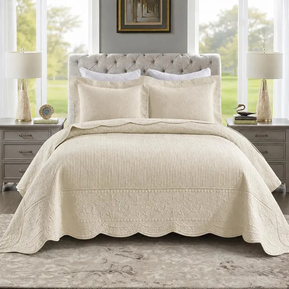 MarCielo 3-Piece 100% Cotton Oversized Bedspread Lightweight Quilt Coverlet Embroidery Farmhouse Bedding Set (Warm Ivory, Oversized Queen (100"x106"))
