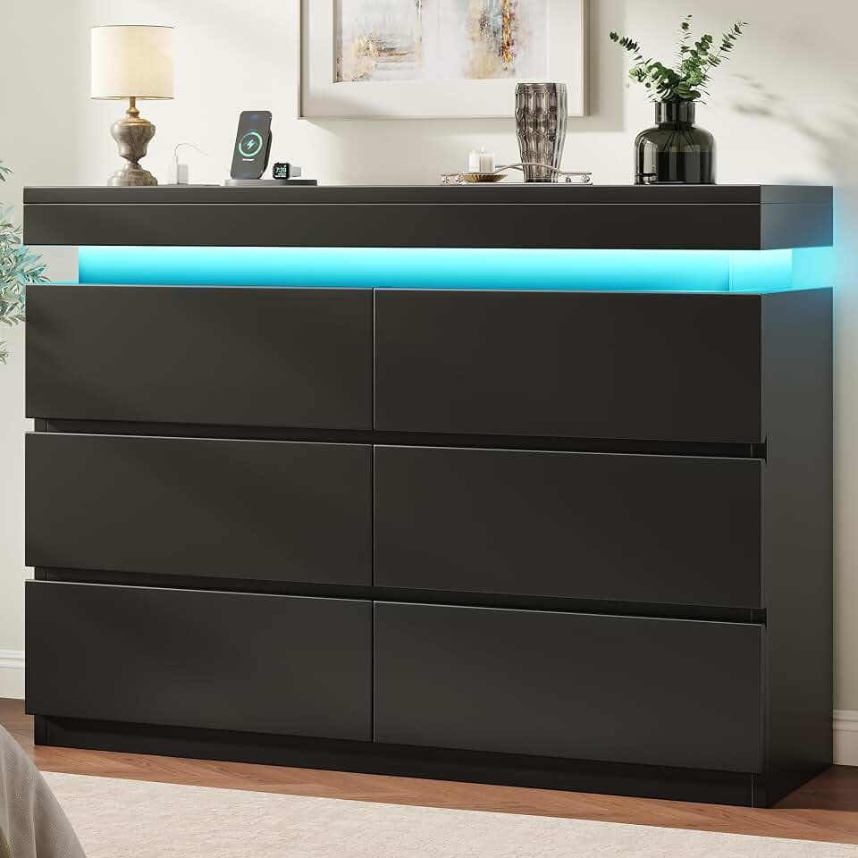 6 Drawer Dresser with LED Lights and Charging Station, Modern Black Dresser