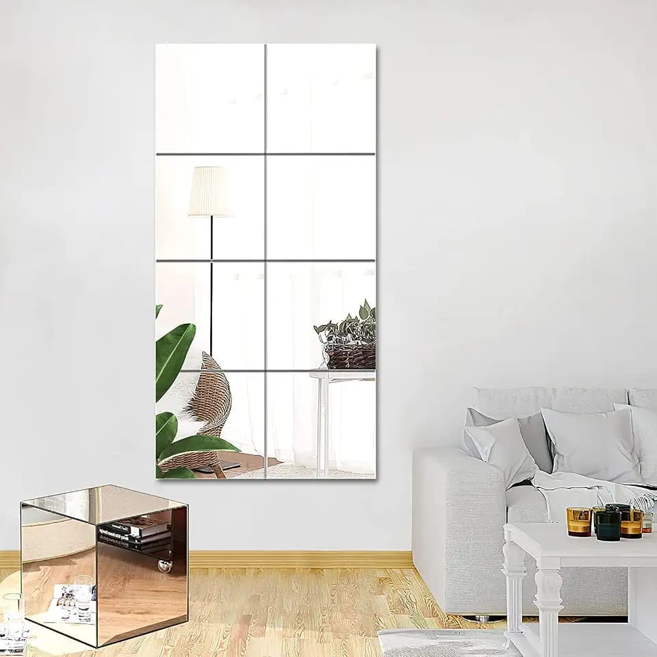 JUNEBRUSHS 8 Pack Self Adhesive Acrylic Mirror, 12 x 12 Inch Mirror Tiles