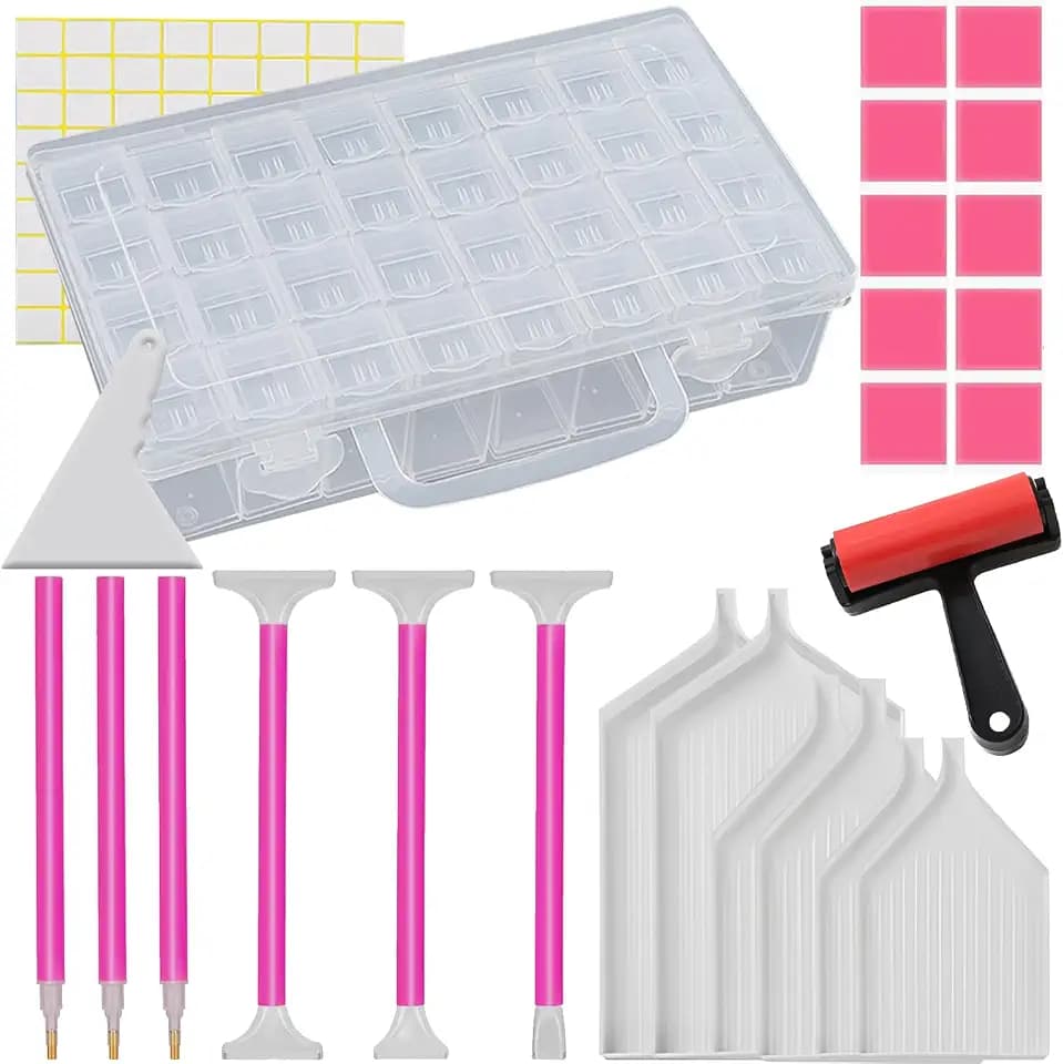 32-Slots Diamond Painting Storage Containers with 5D Diamond Art Painting Tools, 6pcs Diamond Painting Pen, 6pcs Diamond Painting Trays, 10pcs Jelly Glue, Diamond Painting Kits for Adults and Kids
