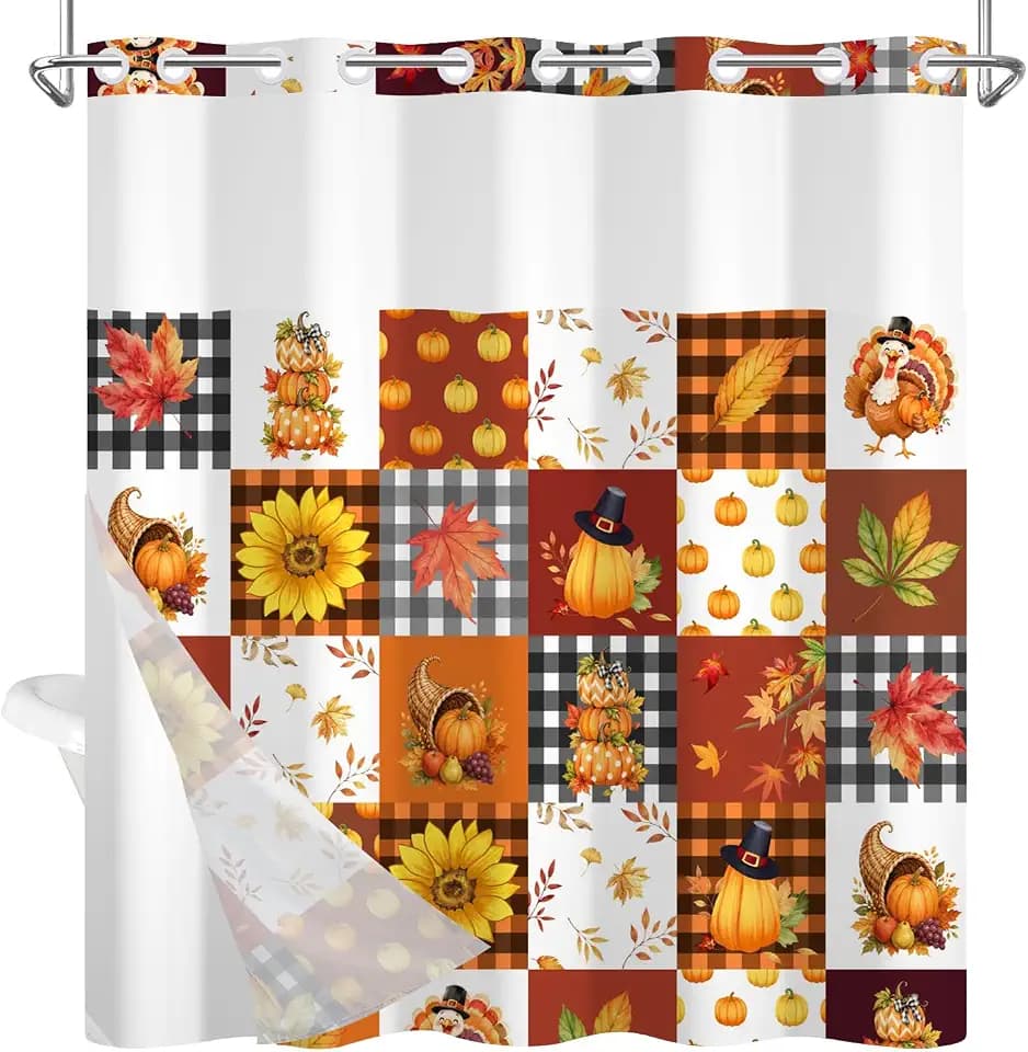 No Hook Thanksgiving Fall Shower Curtain with Snap in Liner Set 71''x74''
