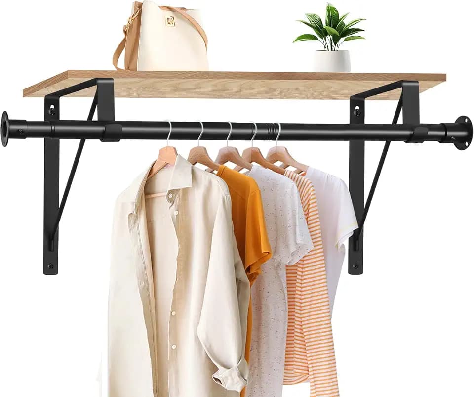 Closet Rod, 16 to 75 Inch Heavy Duty Adjustable Clothes Rod for Hanging Clothes and Heavy Duty Clothes Rod Bracket Rods Support (The Shelf NOT Included) (Black)