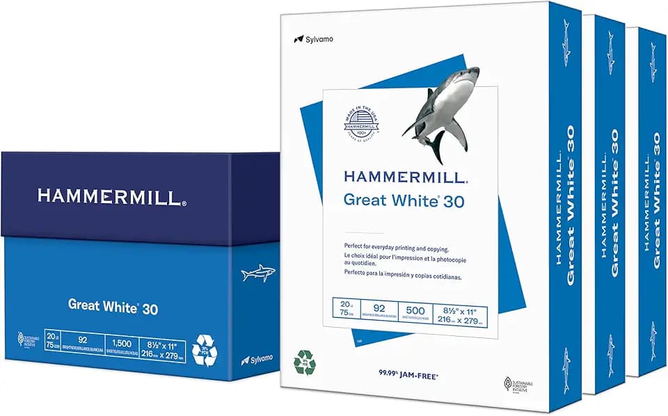 Hammermill Printer Paper, Great White 30% Recycled Paper, 8.5 x 11 - 3 Ream (1,500 Sheets) - 92 Bright, Made in the USA