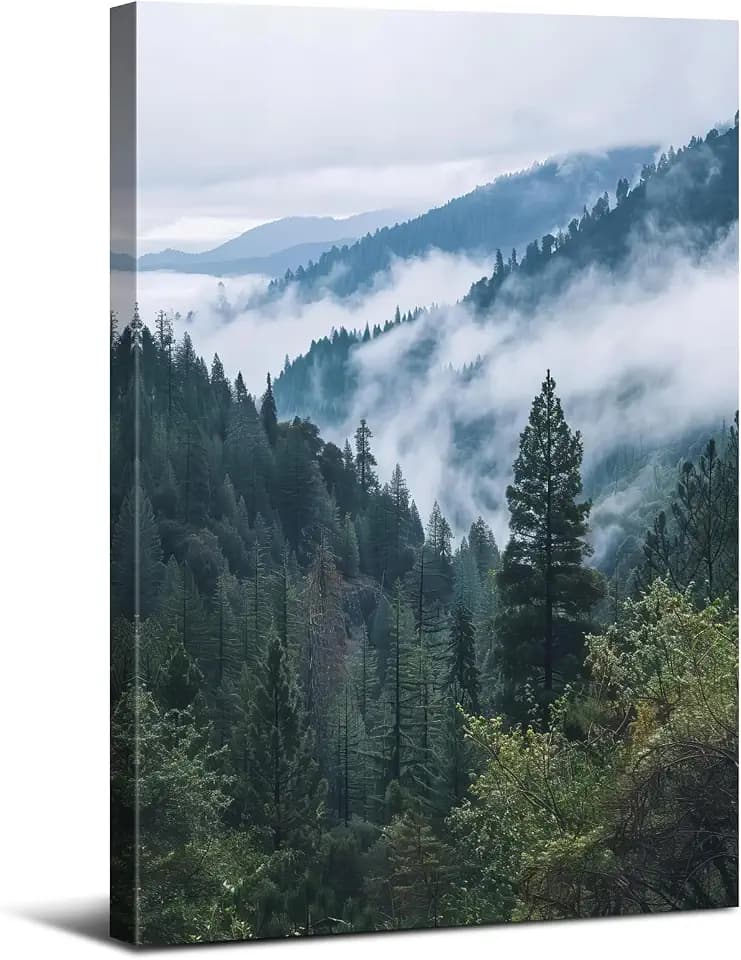 Nature Forest Canvas Wall Art Great Smoky Mountains Landscape Wall Decor for Living Room Bathroom, Misty Pine Tree Scenery Painting Poster Natural National Parks Artwork Home Decorations 12x16”