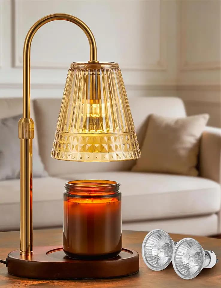 Candle Warmer Lamp with Dimmer & Timer,Adjustable Height for Jar Candles, Birthday Gifts for Mom Women Sister, Housewarming for New Home Decor, Wax Warmer for Jar Candles with 2 Bulbs (Amber-gold)