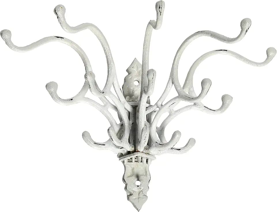 Creative Co-Op Antique Decorative Cast Iron Multi Hook Wall Hanger with 15 Hooks, Distressed White