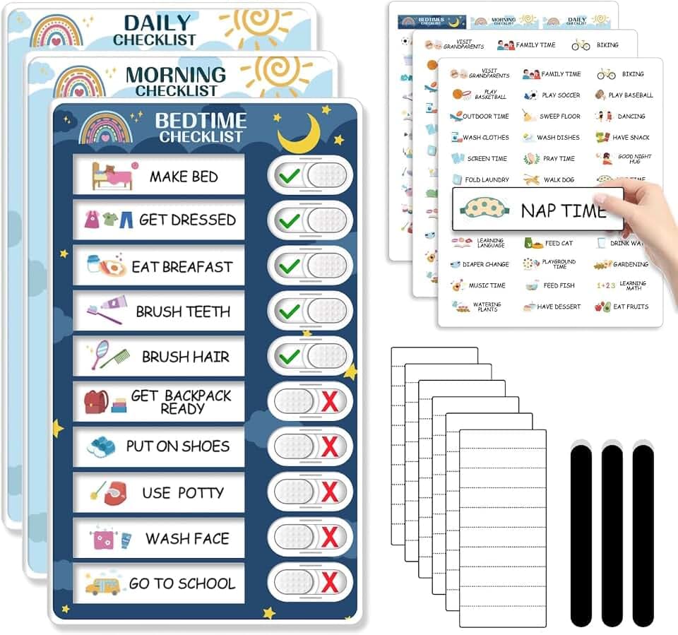 CustomMaster 3 in 1 Bedtime/Morning/Daily Routine Chart for Kids, Magnetic Chore Chart for Kids, Visual Schedule for Kids Toddlers for To Do List