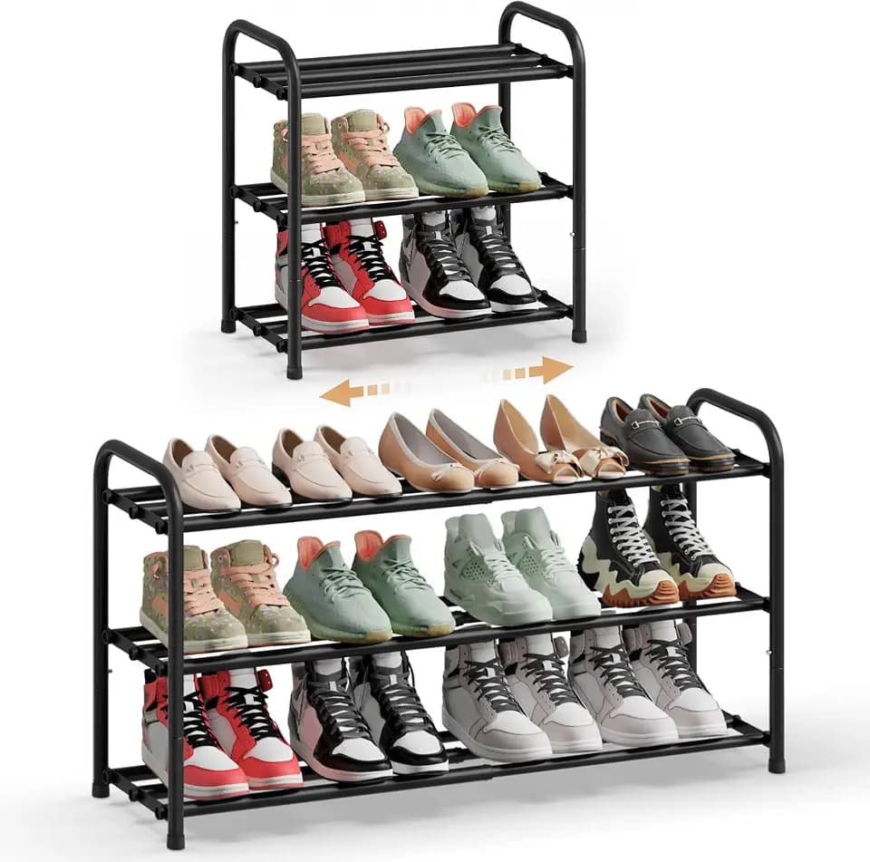 SONGMICS Expandable Shoe Rack, 3-Tier Shoe Organizer, Holds 6-12 Pairs