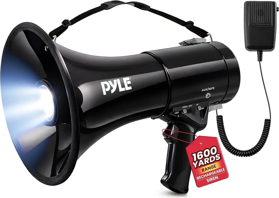 Pyle Megaphone PA Bullhorn Speaker - Built-in Siren 50 Watts Rechargeable Battery- 10 Sec Record Function for Football Baseball Basketball Cheerleading Fans Coaches or for Safety Drills