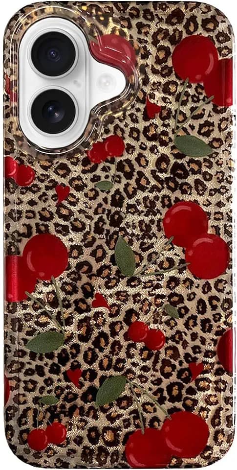 Cute Cherry Phone Case for iPhone 16,Trendy Leopard Cheetah Print Soft Slim Glitter Protective Bumper Bling Aesthetic Cases Cover for iPhone 16 6.1'' Girl Women-Red Cherries