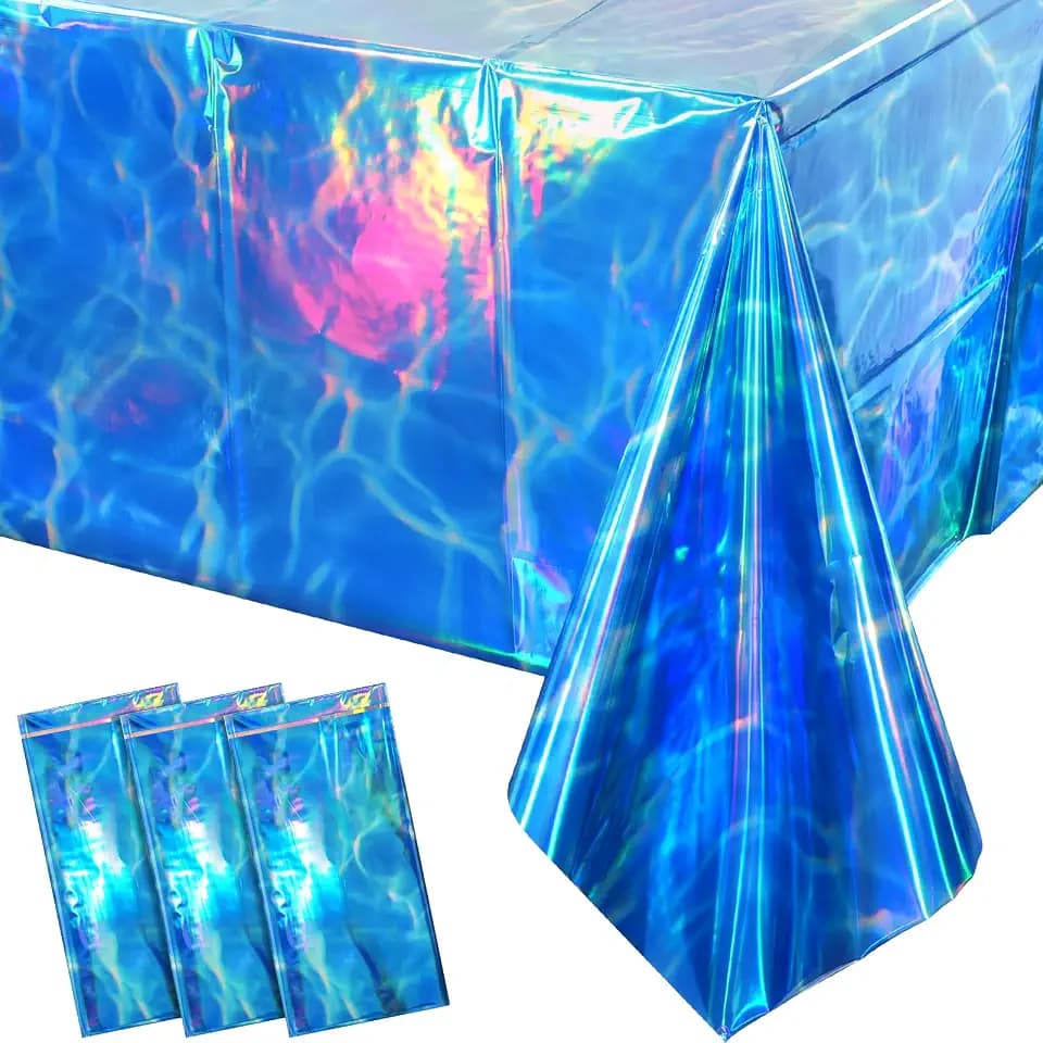 3Pcs Iridescent Ocean Waves Party Tablecloth Decorations,54x108 inch Blue Under The Sea Plastic Table Cover Disposable Rectangle Table Cloth for Baby Shower Summer Beach Pool Birthday Party Supplies
