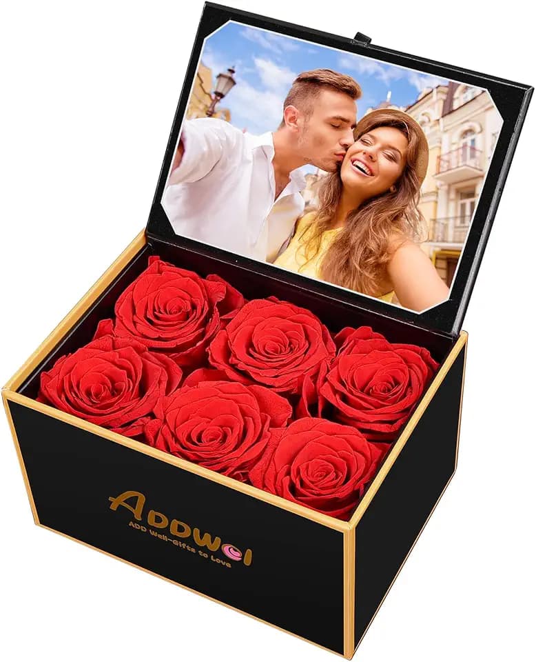 ADDWel 6 Preserved Red Roses Gift Box with 4x6 Photo Frame, Gift for Women