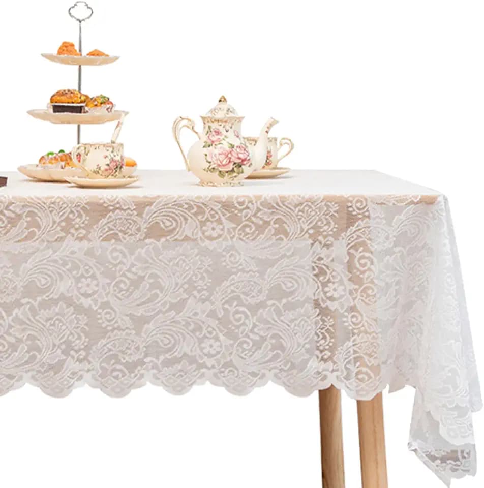 Jayla White Lace Tablecloth 60 X 120 Inches Rectangle Phoenix Tail Flower Embroidered Wedding Table Cloths for Outdoor Party Reception, Dinner Party, Baby Shower, Tea Decorations, Home Decor