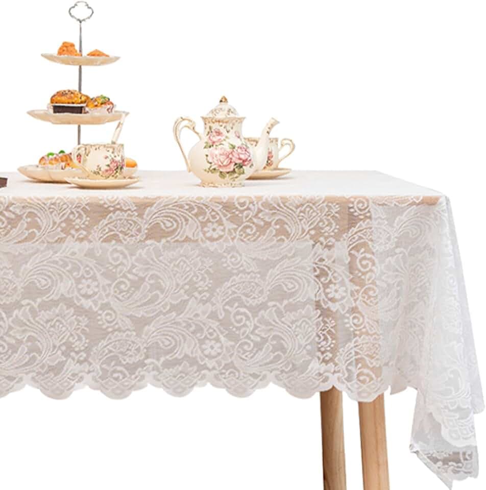 Jayla White Lace Tablecloth 54 X 54 Inches Rectangle Phoenix Tail Flower Embroidered Wedding Table Cloths for Outdoor Party Reception, Dinner Party, Baby Shower, Tea Decorations, Home Decor