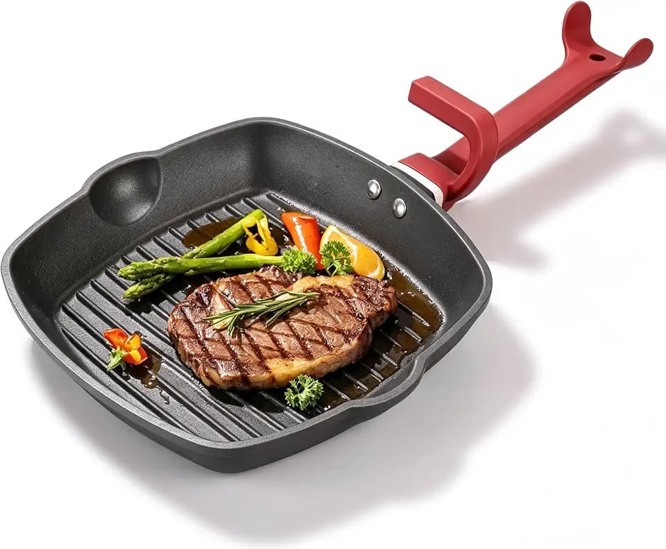 Enamel Matte Cast Iron Grill Pan,11 Inch,Wrist Saver,Ergonomic Handle for Effort-saving
