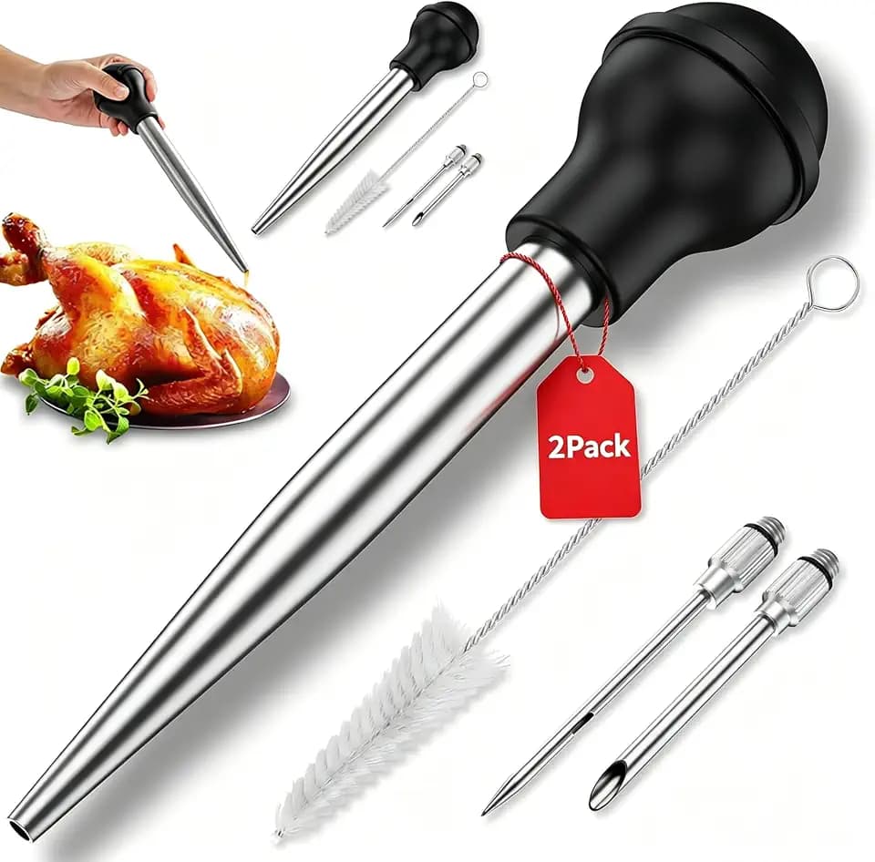 2 Pack Stainless Steel Turkey Baster Syringe for Cooking, Large Meat Injector with 4 Needles & 2 Brushes, Silicone Bulb Baster for BBQ Thanksgiving Kitchen, Dishwasher Safe
