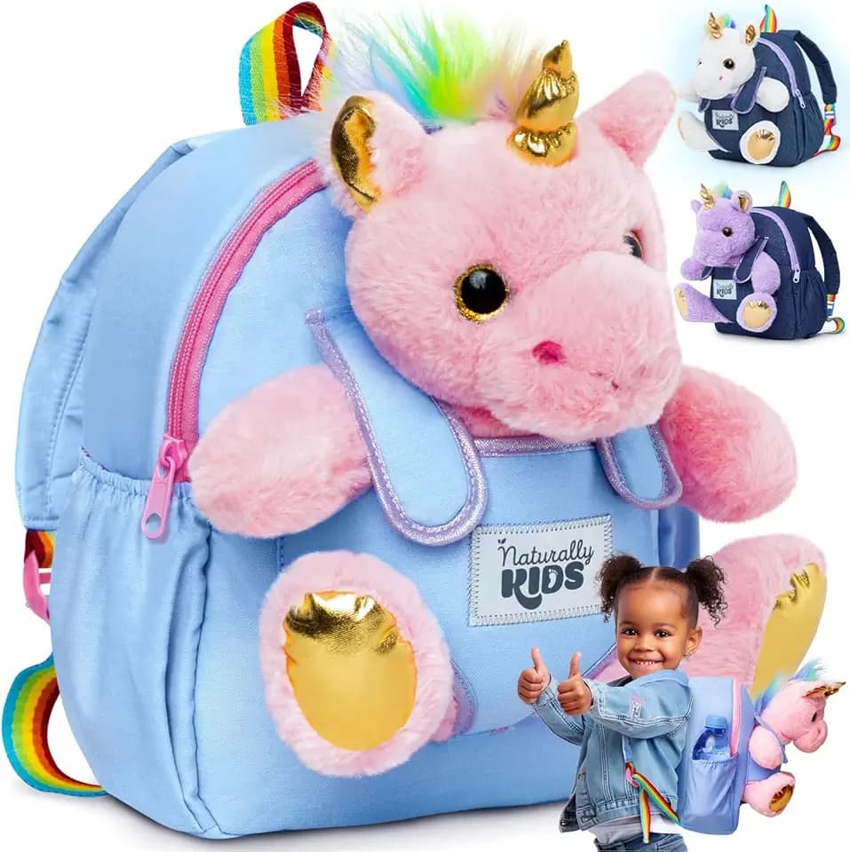 Naturally KIDS Toddler Backpack w. Plush Pink Unicorn Toy, Kids Gift 2-6