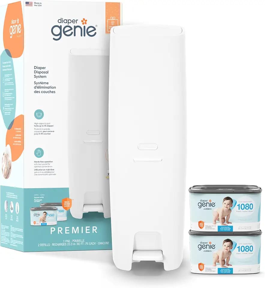 Diaper Genie Premier Diaper Pail Gift Set with 2 Jumbo+ Square Refills