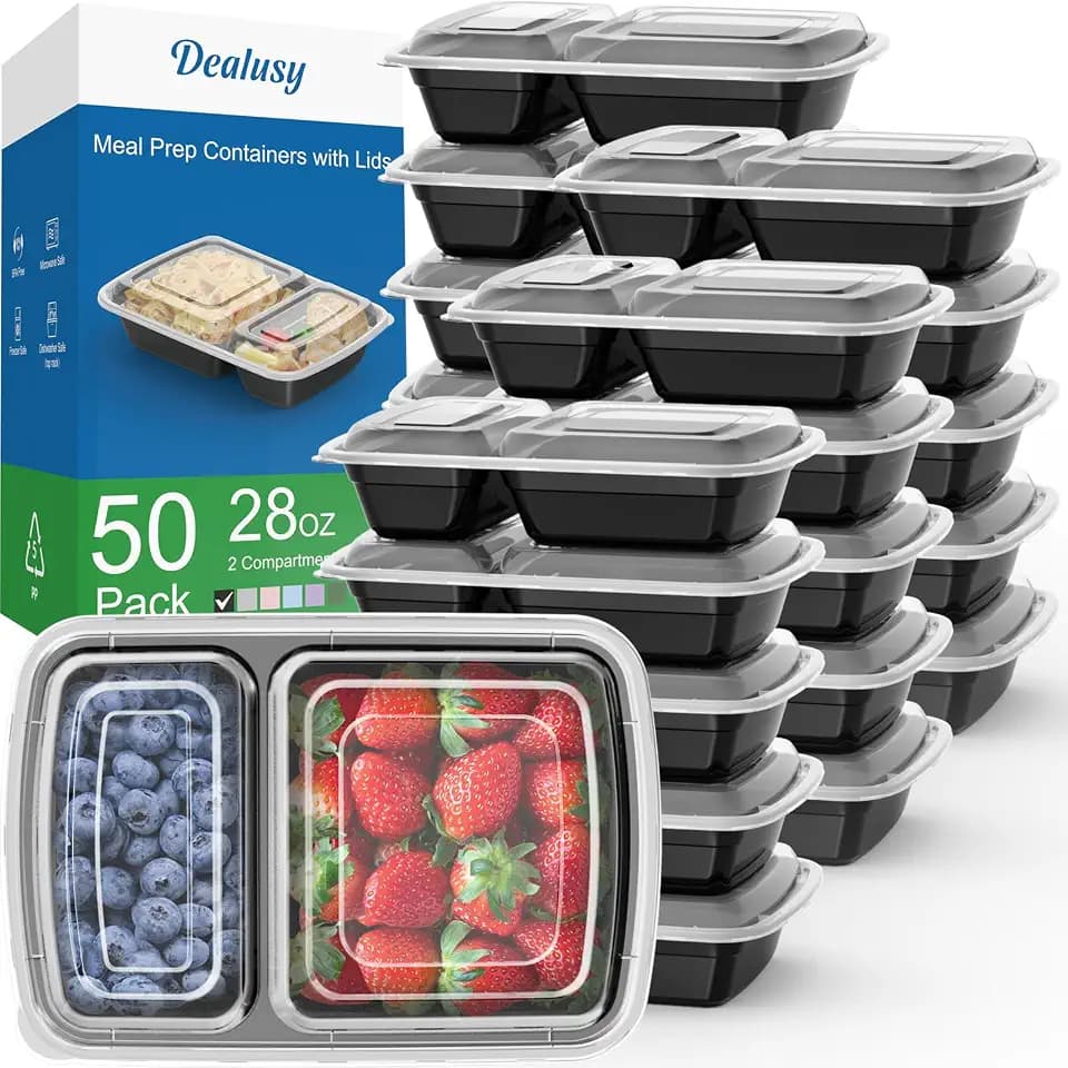 Dealusy 50 Pack 28 oz Meal Prep Containers with Lids 2-Compartment, Black