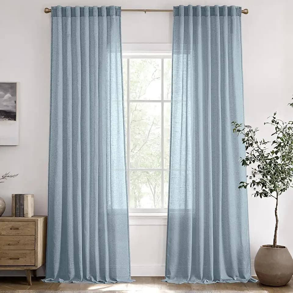 Stone Blue Semi Sheer Linen Curtains 84 Inch Long 2 Panels for Living Room