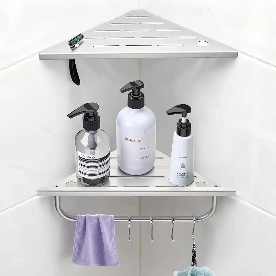 Shower Corner Shelf, 10'' Corner Shower Shelf with Towel Bar & Hooks, 2-Pack 304 Stainless Steel Recessed Bathroom Shelves, Grout in Bathroom Shower Shelf for Tiled Wall,(Brushed Nickel)