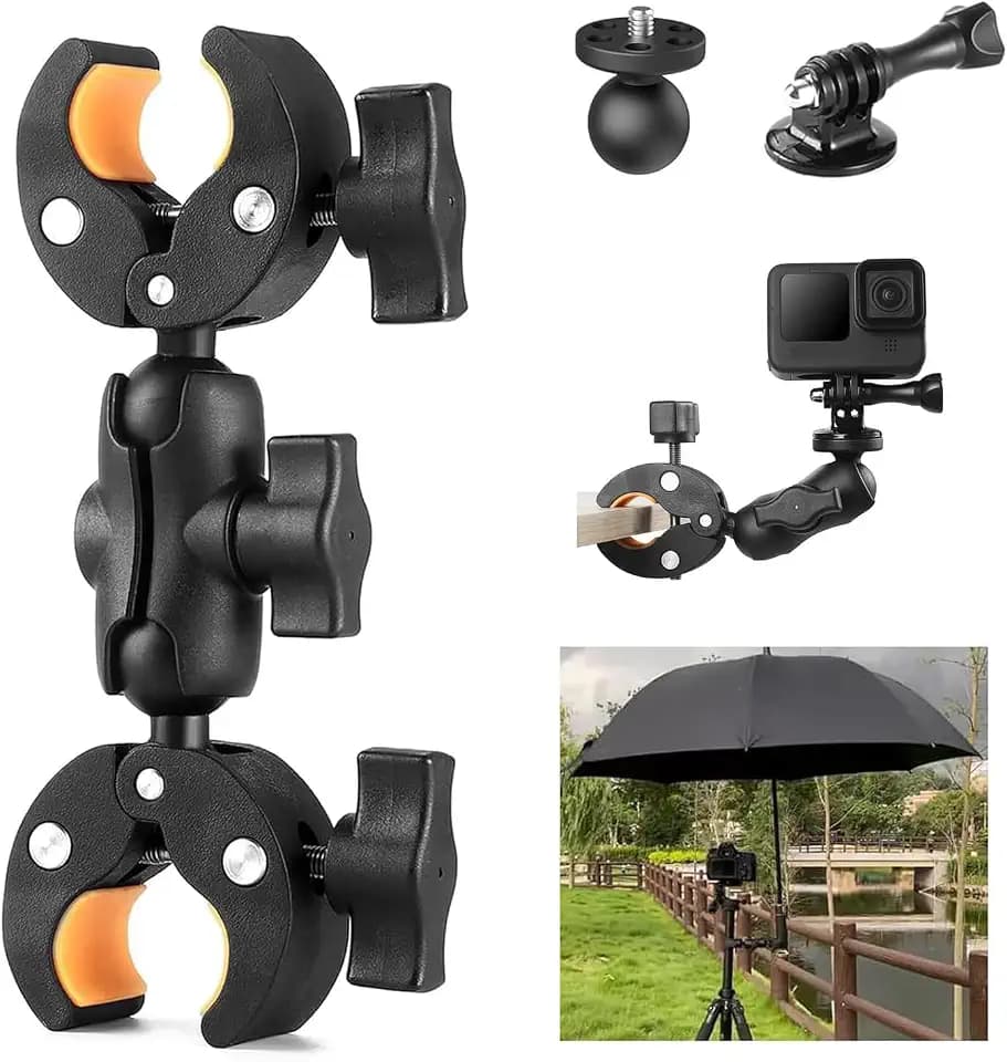 UNSTINCER 3-in-1 Kit Doppel Klemme Action Kamera Halterung, 360° drehbar | Cam Mount für Gopro Insta360 DJI Akaso, Clamp für Motorrad Fahrrad Lenker Selfie Stick Stativ Regenschirm, für 15–44mm Stange