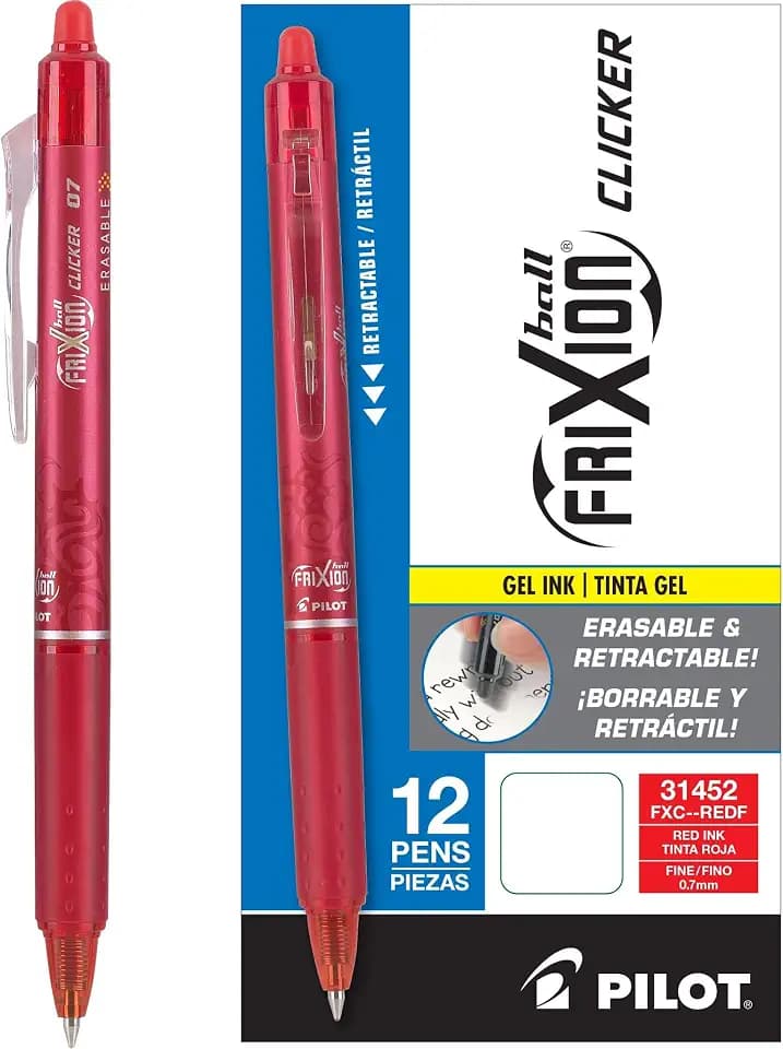 PILOT FriXion Clicker Erasable Gel Ink Pens, 0.7mm, Red Ink, 12-Pack