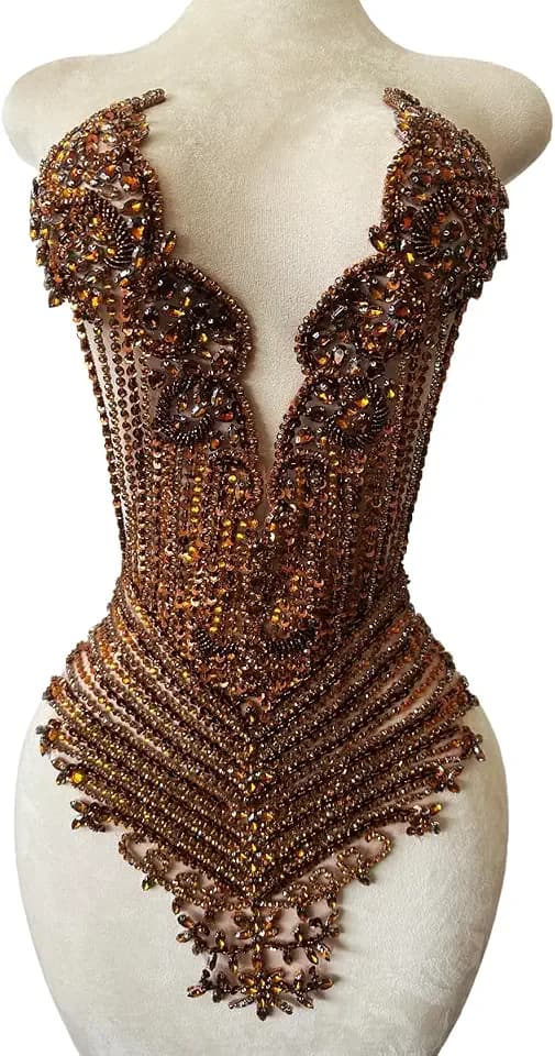 Handsewing Beads Sequins Rhinestones Large lace Applique Handmade shin Crystal Trim Patches Accessories for Dress Clothes (Brown)