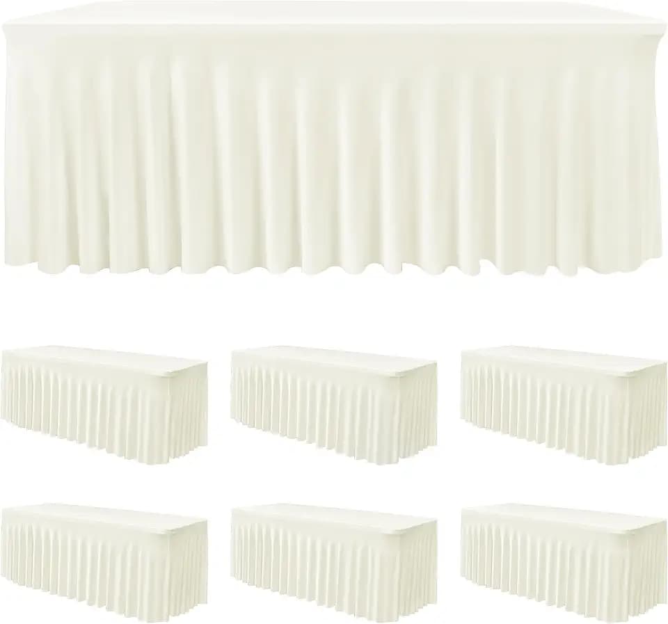 6 Pack Beige Spandex Table Covers 6ft Rectangle Ruffle Skirts for Party