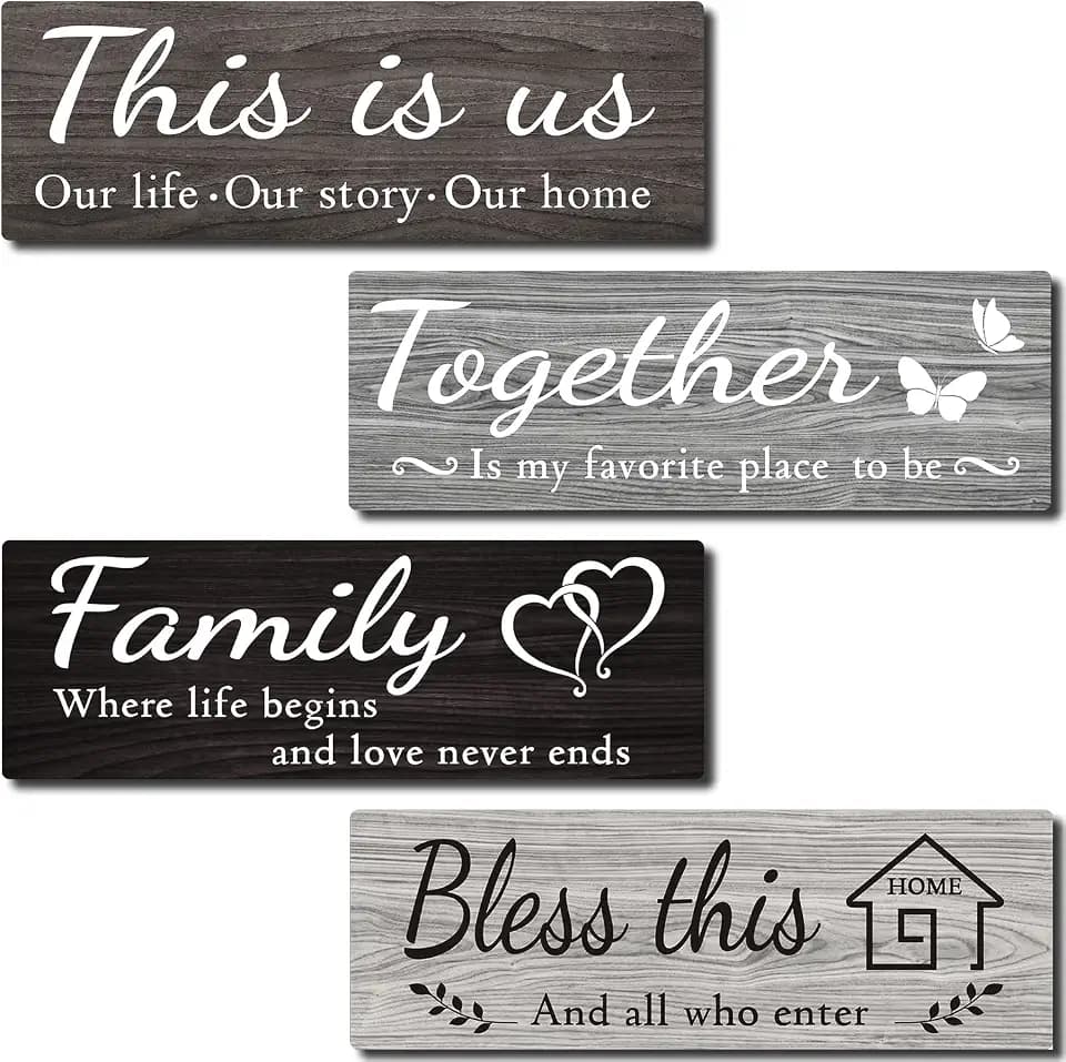 IDATOO 4 PCS Home Wall Decor Signs, Rustic Wooden Living Room Hanging Decorations with Quotes THIS IS US/TOGETHER/BLESS THIS/FAMILY, Housewarming Gifts for Wedding Kitchen