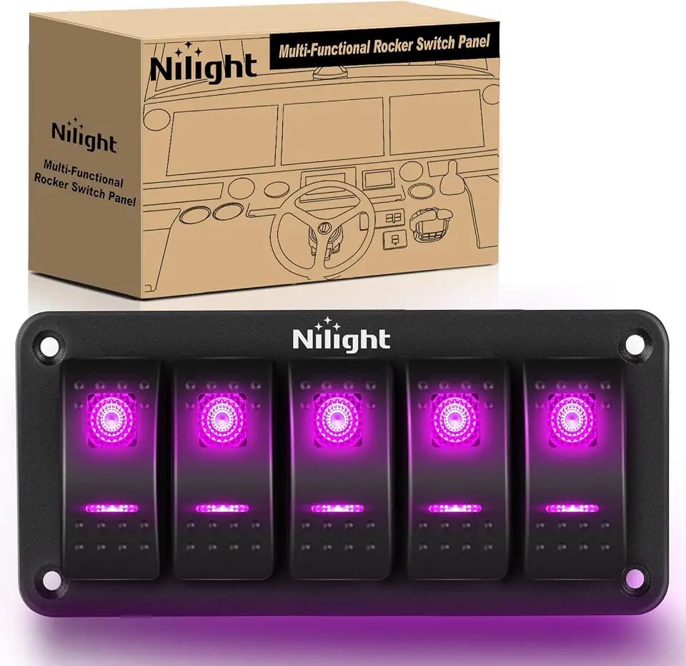 Nilight 5 Gang Rocker Switch Panel w/Purple LED Light 5Pin On Off Pre-Wired