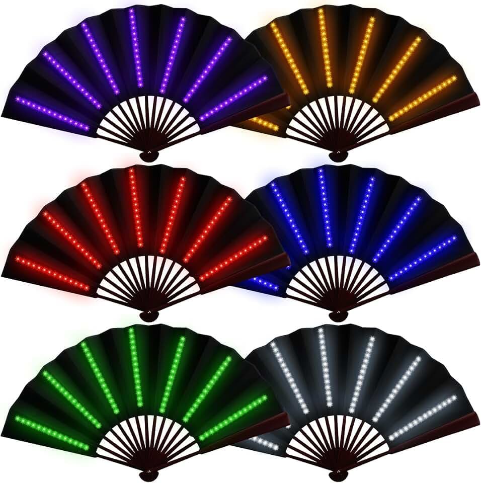 Roowest 6 Pcs Rave Light up Folding Fan for Line Dancing, Black,Neon