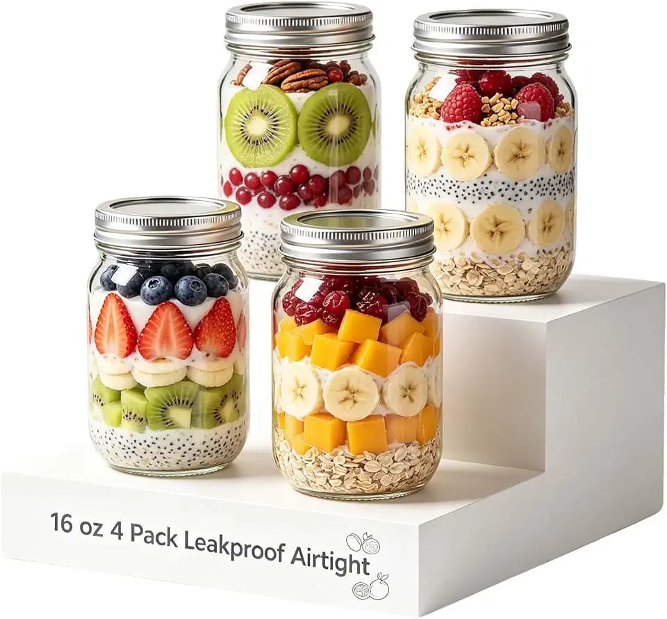 Mason Jars 16 oz with Lids, 4 Pack Clear Glass Jars for Meal Prep & Storage
