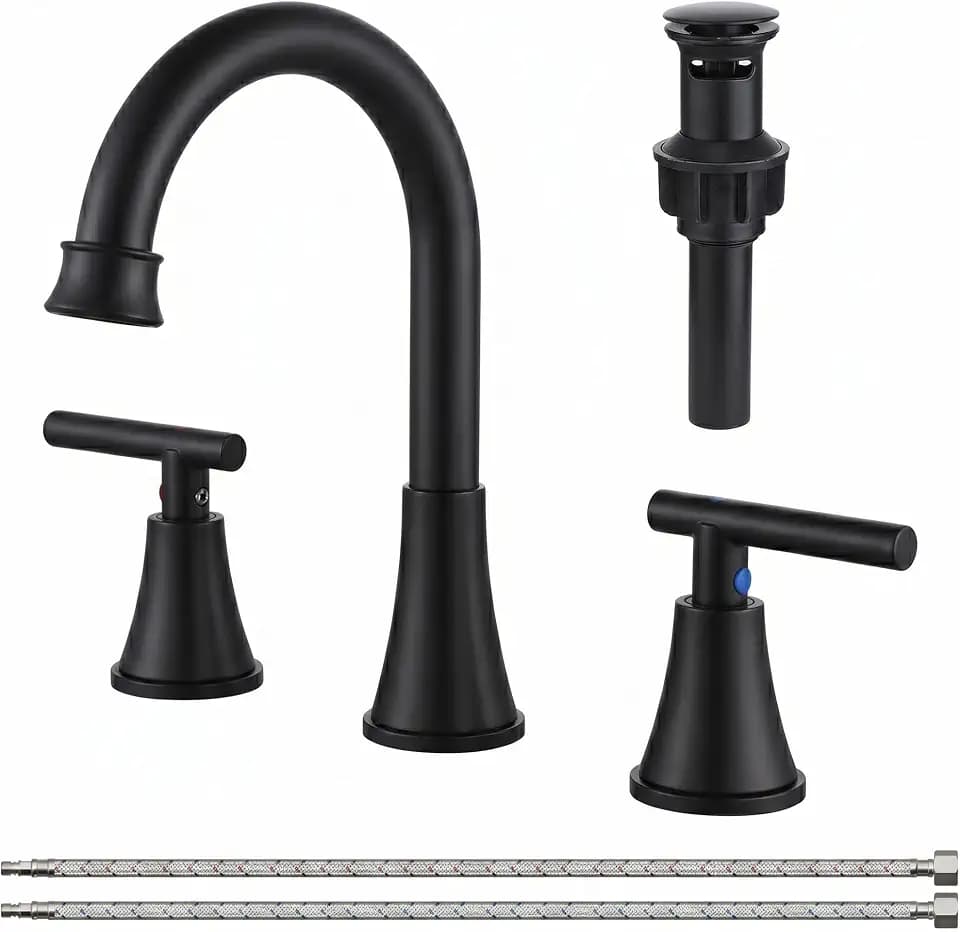 COMLLEN Black Bathroom Faucet 3 Hole Vanity,360 Degree Rotating Spout, 2 Handle 360° Swivel Matte Black 8 Inch Widespread Bathroom Sink Faucet 3 Holes, with Pop-up Drain, Supply Lines