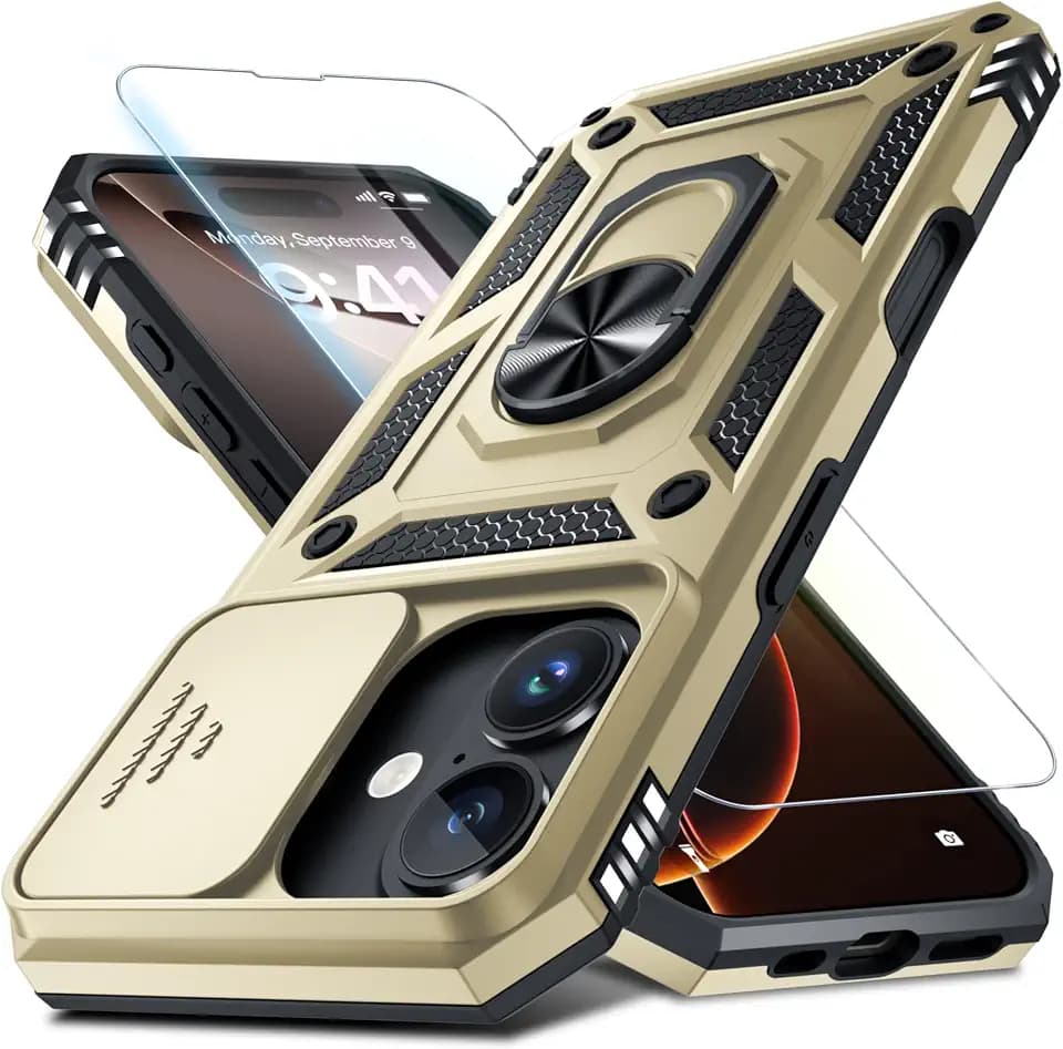 Janmitta for iPhone 16 Phone Case Built in Slide Camera Lens Cover Gold