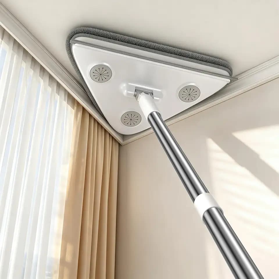 Long Handle Wall Mop & Baseboard Cleaner, 3-in-1 Wall Cleaner Mop with Extension Pole & Squeegee, Ceiling Cleaning Tool Duster with 3 Microfiber and 3 Chenille Pads for Windows, Floors, Cabinet