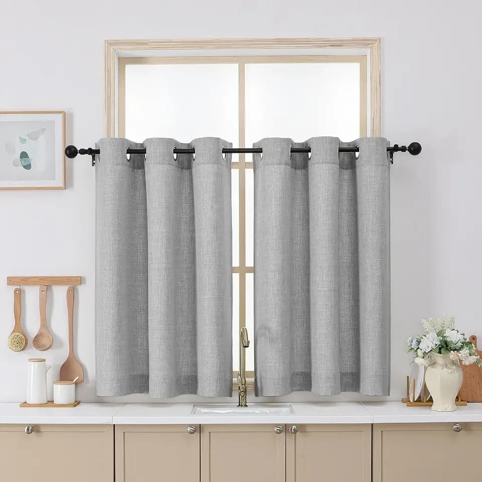 Chyhomenyc Light Grey Curtains 36 Inch Length, Light Filtering Faux Linen Textured Small Kitchen Window Curtains Over Sink, Grommet Short Cafe Curtain for Bathroom Basement, 40Wx36L, 2PCS