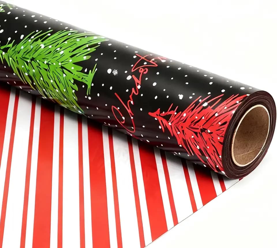 ZINTBIAL Christmas Tree Reversible Wrapping Paper Roll - Gift Wrap with Red & White Stripes on Reverse - Perfect for Holidays, Birthdays, and Halloween - 17.5 in x 33 ft (48 sq. ft)