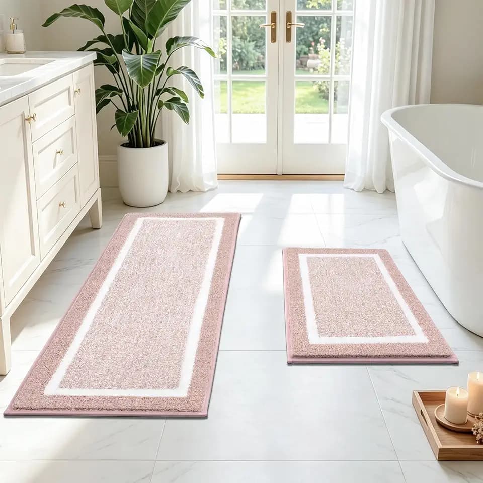 Pauwer Bathroom Rugs Sets 2 Piece, Non Slip Washable Bath Mat, Dusty Pink