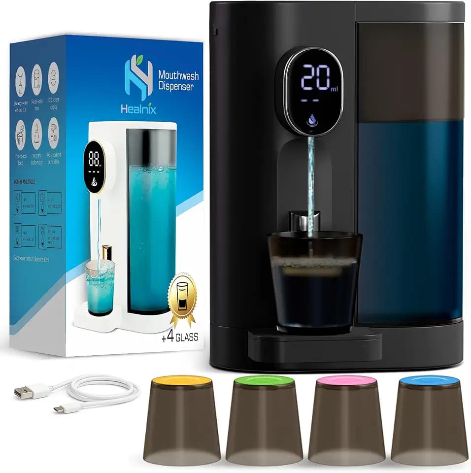 Automatic Mouthwash Dispenser for Bathroom: 20.3Oz Mouth Wash Dispensers with Magnetic Cup Holder, 4 Levels, Wall Mounted, Electric Auto Mouthwash Dispenser for Kids Adults (Black)