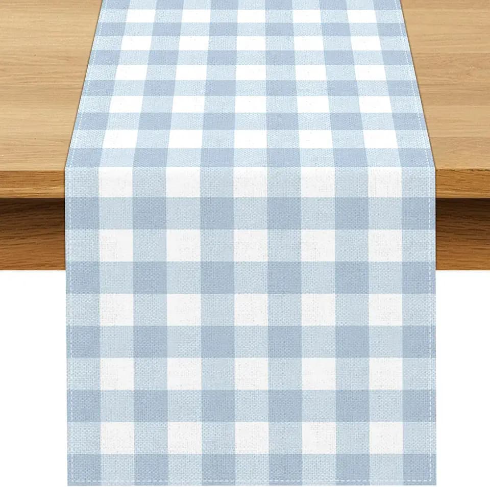 Dusty Blue Gingham Table Runner Blue Checkered Boy Girl Baby Shower Birthday Party Decoration Home Dining Kitchen Island Decor (13" x 72")