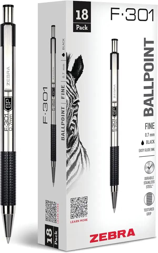 Zebra Pen STEEL F-301 Retractable Ballpoint Pen, Black Ink, 0.7mm, 18-Pack