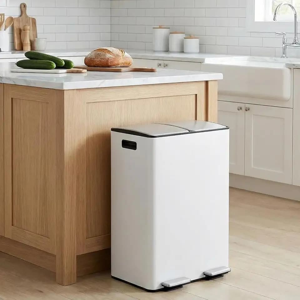 GarveeHome Kitchen Trash Can with Lid, 2 x 8 Gallon Stainless Steel Garbage Can with Recycle Bin, Dual Compartment Trash Bin with Independent Pedals and Plastic Inner Buckets, White