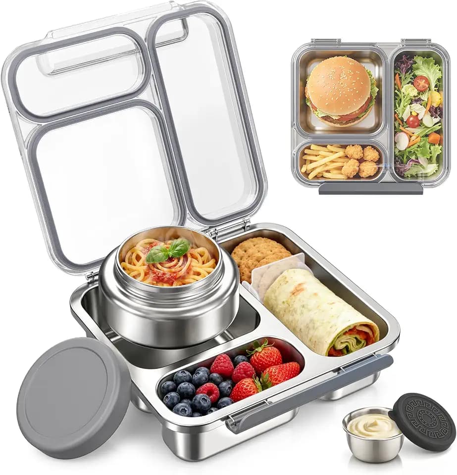 Pawtong Stainless Steel Bento Box Kids Adult with 7oz Insulated Food Jar, Transparent Lid Metal Lunch Box With Soup Thermal Jar, Lunch Box Container with Removable Divider & Sauce Cup School (Grey)
