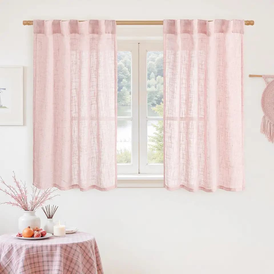 LAMIT 40 Inch Length Linen Curtains for Small Windows Over Silk 2 Panels