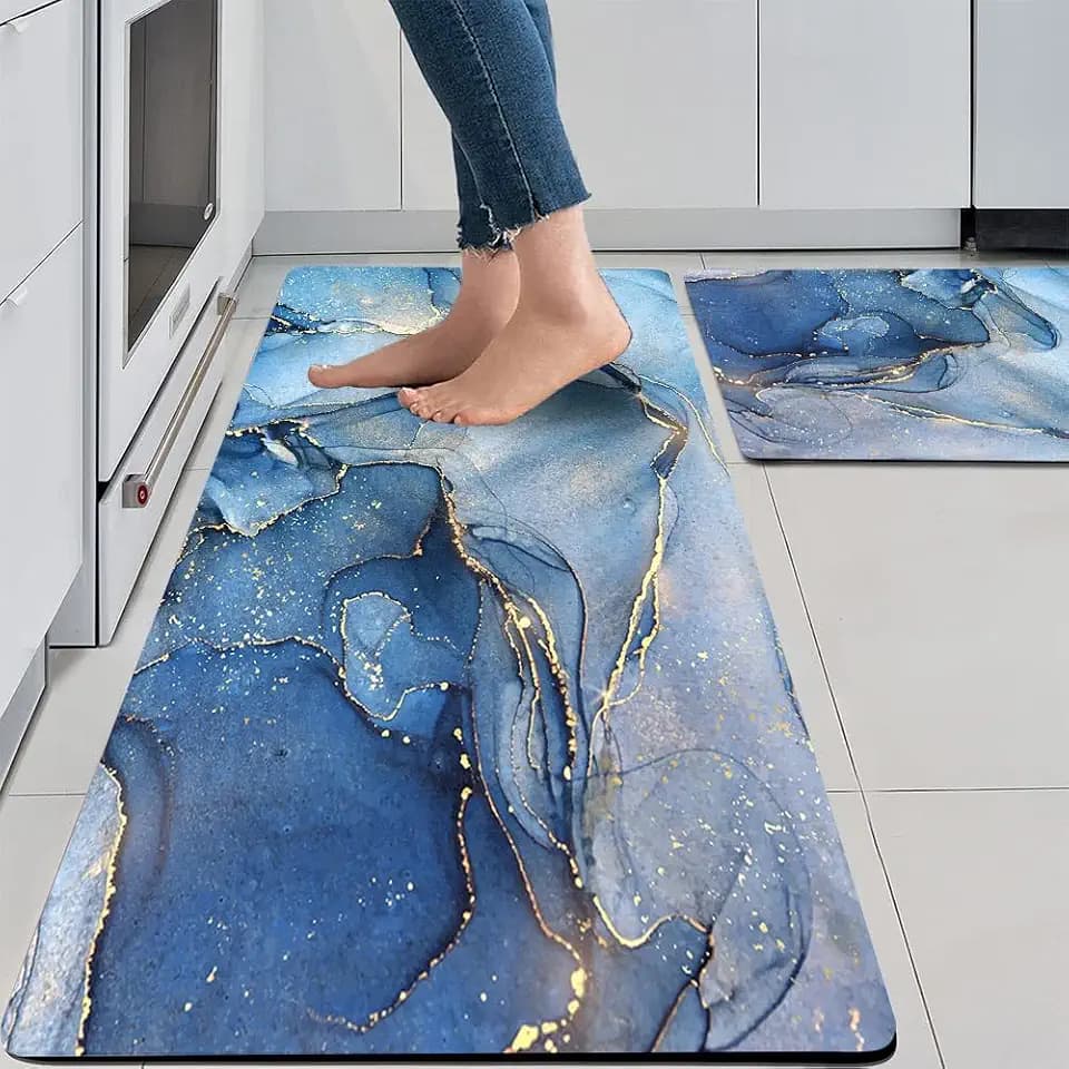 Mrcrypos Set of 2 Blue and Gold Marble Kitchen Mats PVC Leather Waterproof