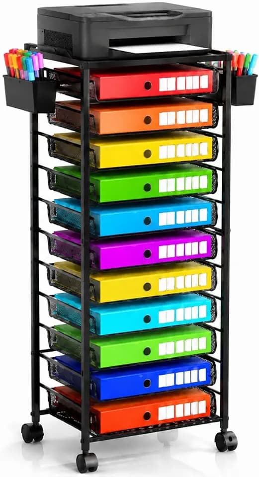 Ekisemio 11-Tier Rolling File Cart, Mobile Desk-Side Organizer with Top Shelf and Side Baskets, Wire Storage Rack for Letter Folders, Home Office & School, Black